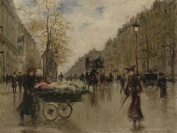 Marchande De Fleurs Sur Les Grands Boulevards, A Paris Oil Painting by Georges Stein