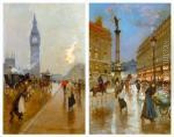 Animation Pres De Big Ben - Marchande De Fleurs Devant
 L'opera. Oil Painting by Georges Stein