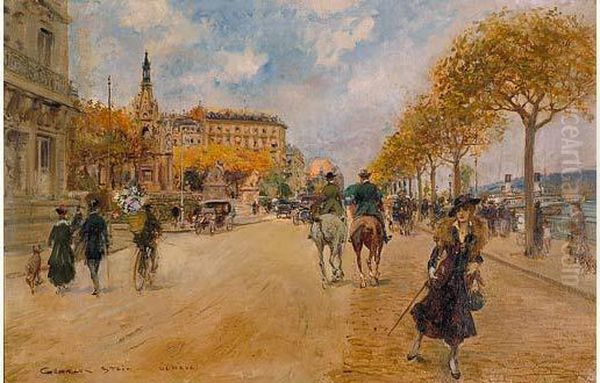 Quai Du Mont-blanc Et Monument Brunswick A Geneve Oil Painting by Georges Stein