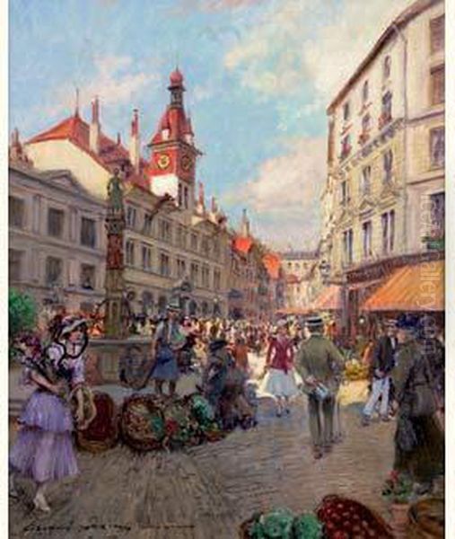 Marche A Lausanne, Circa 1900 Oil Painting by Georges Stein