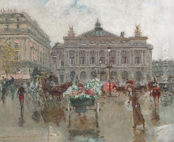 Les Marchandes De Fleurs De La Place De L'opera Oil Painting by Georges Stein