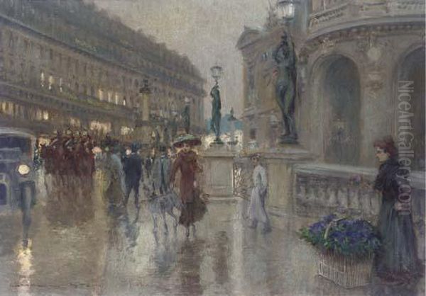 Avenue De L'opera At Dusk, Paris Oil Painting by Georges Stein
