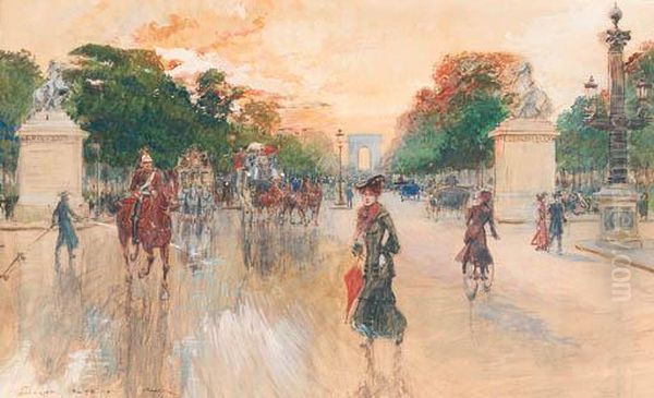 Busy Traffic On The Champs Elyses, Paris Oil Painting by Georges Stein