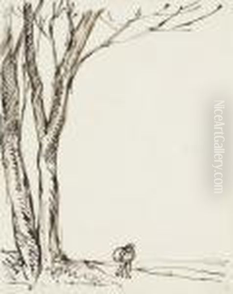 Un Homme Marchant A L'aide D'une
 Canne Et Portant Un Chargement Sur Son Dos Pres D'un Arbre Oil Painting by Theophile Alexandre Steinlen