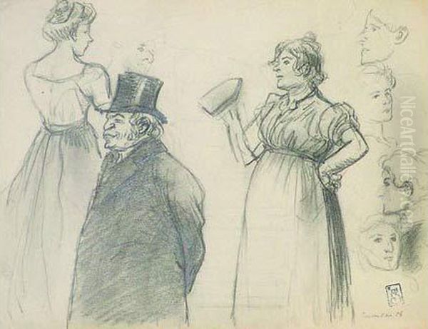Etude De Figures Dont Homme En 
Manteau Et Chapeau Haut De Forme Et Femme Au Fer A Repasser Oil Painting by Theophile Alexandre Steinlen