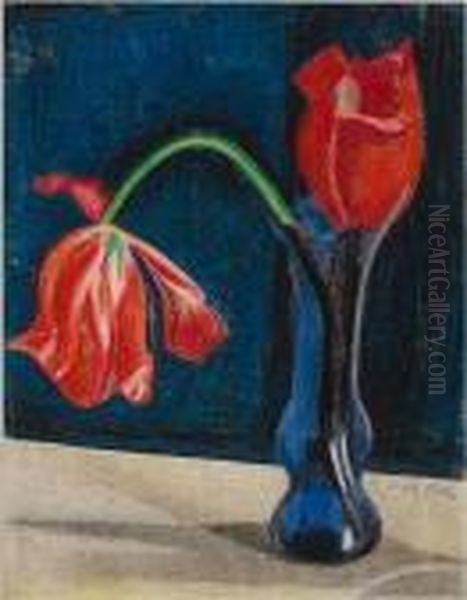 Red Tulips In Blue Vase Oil Painting by Joseph Stella