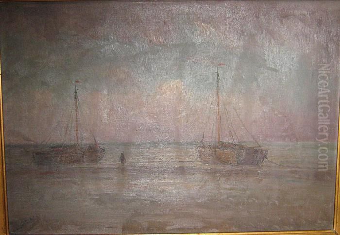 Vissersboten Bij Zonsondergang Oil Painting by Romain Steppe