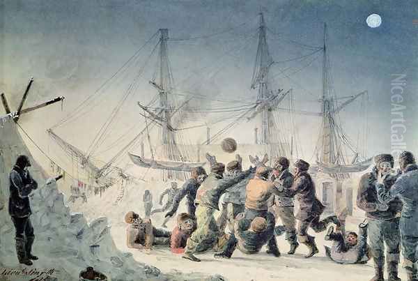 Incidents on a Trading Journey- Men Playing Football on Board HMS Terror, 1836 Oil Painting by Lieutenant Smyth