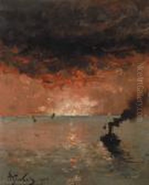 Marine Soleilcouchant (1890) Oil Painting by Aime Stevens
