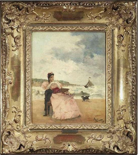 An Elegant Ladysitting At The Beach Oil Painting by Aime Stevens
