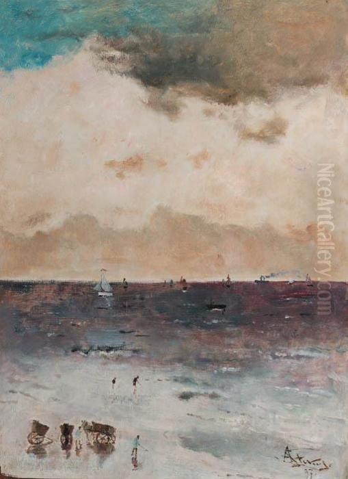 A Coastal View With Shipping At Sea Oil Painting by Aime Stevens