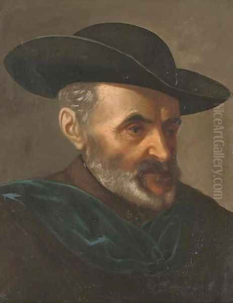 Portrait of a man, bust-length, wearing a black hat Oil Painting by French School