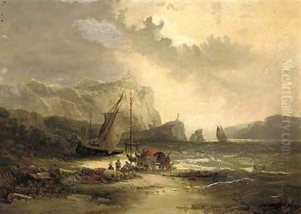 Unloading the boats on the shore Oil Painting by French School