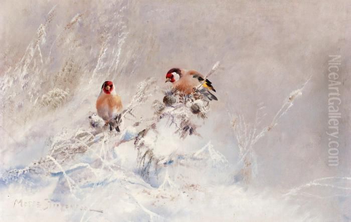 Steglitspar Pa Vintergren Oil Painting by Mosse Stoopendaal