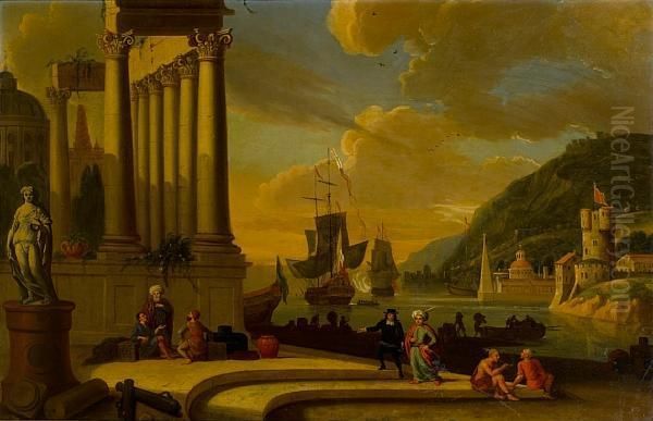 A Mediterranean Harbour, With 
Stevedoresresting Before Ruins And Elegant Figures On The Quay Oil Painting by Abraham Storck