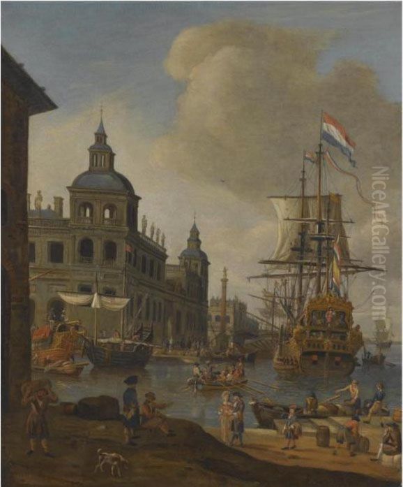 A Capriccio View Of A 
Mediterranean Harbour With A Dutch Merchantship, Elegant Figures On The 
Quay And Men Unloading Their Ware Inthe Foreground Oil Painting by Abraham Storck