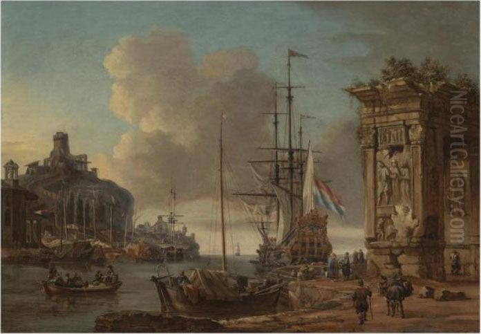 A Mediterranean Harbour Scene 
With A Dutch Man O' War At Anchor,with Orientals Conversing In The 
Foreground Beneath A Romantriumphal Arch Oil Painting by Abraham Storck