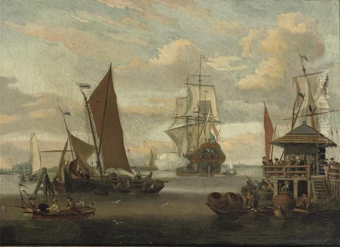 A View Of The Ij, Amsterdam, 
With Spectators On The Jetty Of A'boomhuisje' Watching A Man-o'-war 
Firing A Salute And Fishermenlanding Lobster Pots Oil Painting by Abraham Storck
