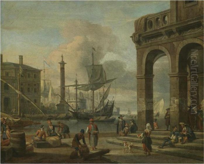A Mediterranean Harbour Capriccio With Figures Unloading Cargo Inthe Foreground Oil Painting by Abraham Storck