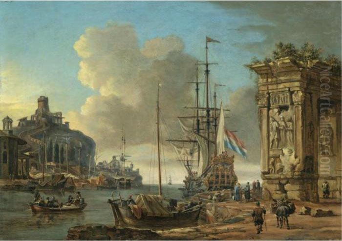 A Mediterranean Harbour Scene 
With A Dutch Man O' War At Anchor, With Orientals Conversing In The 
Foreground Beneath A Roman Triumphal Arch Oil Painting by Abraham Storck
