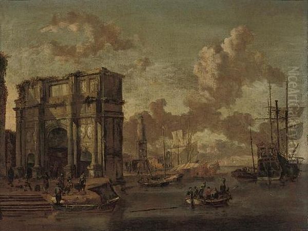 A Capriccio Of A Mediterranean 
Harbour With The Arch Of Constantine And A Dutch Man O'war And Other 
Shipping Oil Painting by Abraham Storck