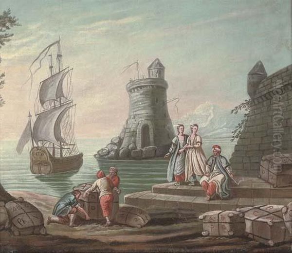 A Mediterranean Harbour With 
Elegant Figures And Fishermen By The Quay, A Ship And A Lighthouse 
Beyond Oil Painting by Abraham Storck