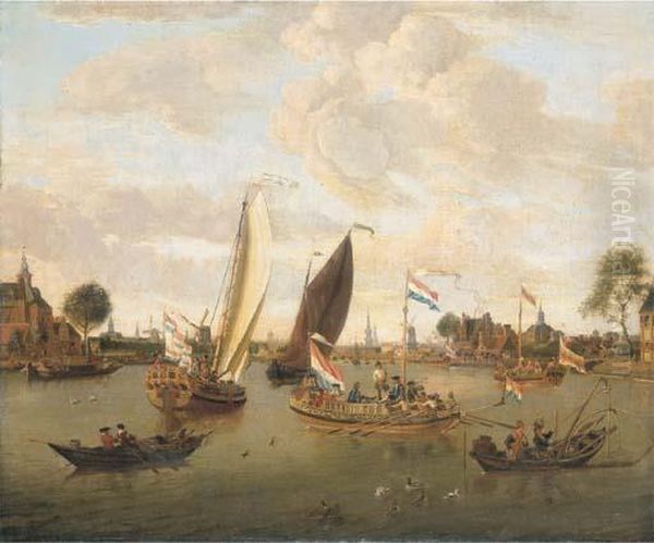 A View Of Amsterdam With The 
Trekschuit And Smalschips On The Riverbuiten-amstel Near The Hooge Sluis
 With Elegant Figures, Carriagesand Townsfolk Along The Bank, The Towers
 Of The Zuiderkerk And Theoude Kerk Beyond Oil Painting by Abraham Storck