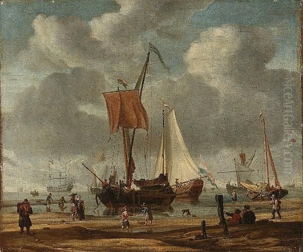 A Coastal Landscape With Pinks, A
 State Barge And A Man O'war In A Calm, With Elegant Figures And 
Fishermen On The Shore Oil Painting by Abraham Storck