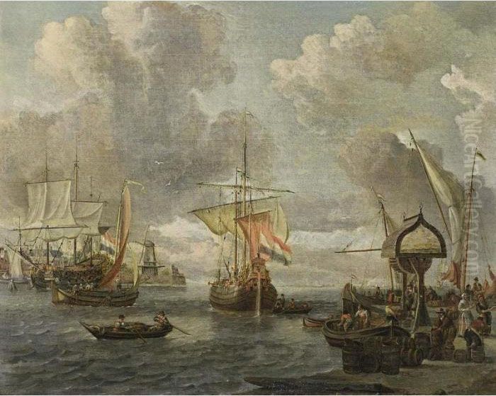 A View Of A Dutch Harbour On The
 Zuiderzee With A Buis, A Merchantman And Other Boats, Together With 
Merchants Unloading Their Goods Oil Painting by Abraham Storck