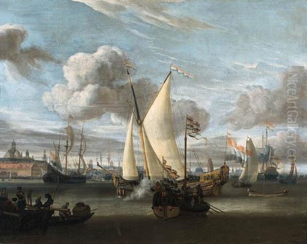 Shipping In The Harbour Of 
Amsterdam With A Dutch East India Company Yacht And A State Barge In The
 Foreground Oil Painting by Abraham Storck