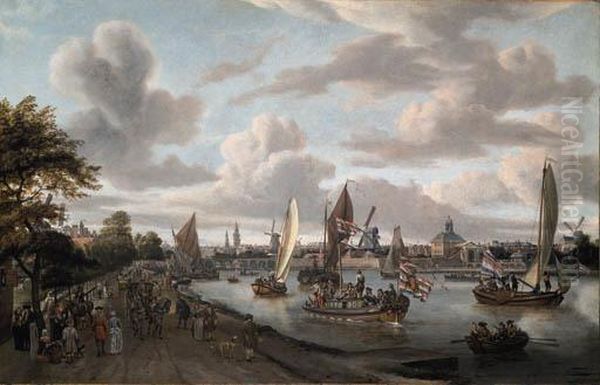 A View Of Amsterdam With A 
Trekschuit And Smalschepen On The Riverbuiten-amstel Near The Hooge 
Sluis, With Elegant Figures, Carriagesand Townsfolk Promenading Along 
The Bank, The Towers Of Thezuiderkerk And The Oude Kerk, The Windmills 
Groen, De B Oil Painting by Abraham Storck
