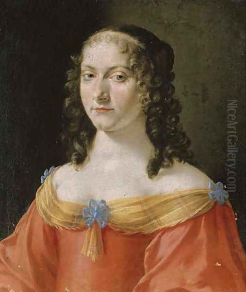 Portrait of a lady, half-length, in a red and gold dress Oil Painting by French School