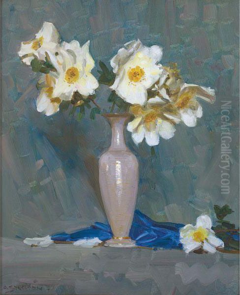 Roses In A Cream Vase Oil Painting by Arthur Streeton