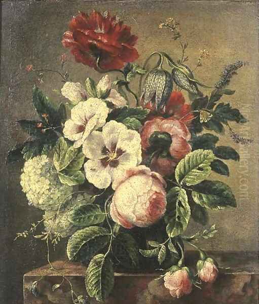 Roses and other flowers in a vase on a pedestal Oil Painting by French School