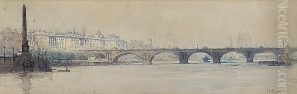 Waterloo Bridge From The Thames Looking East With Somerset House And St Paul's Beyond Oil Painting by Arthur Streeton
