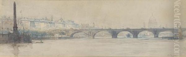 Waterloo Bridge From The Thames, Looking East, With Somerset House And St Paul's Beyond Oil Painting by Arthur Streeton