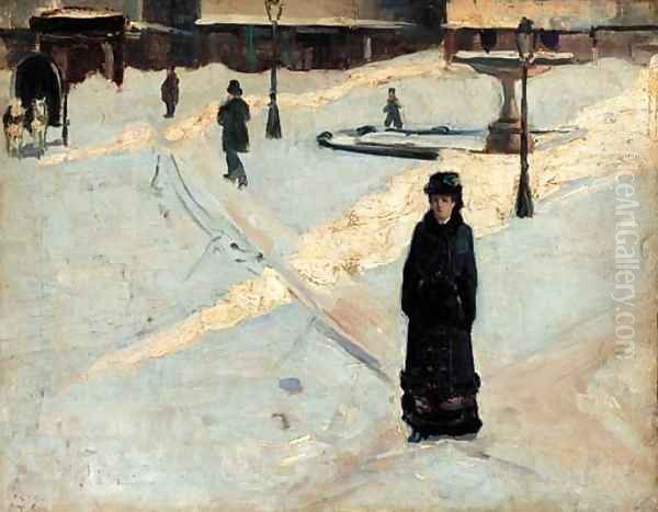 Femme dans une rue enneigee Oil Painting by French School