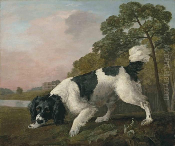 A Black And White Spaniel 
Following A Scent, In A Landscape With Alake And A Country House Beyond Oil Painting by George Stubbs