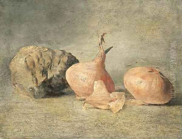 Onions and a truffle Oil Painting by French School