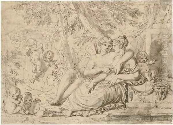 Venus and Adonis with cupids in a bower Oil Painting by French School