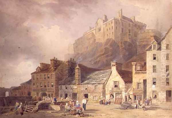 Edinburgh Castle from the Grass Market, showing the Little West Port, c.1820 Oil Painting by William Henry Stothard