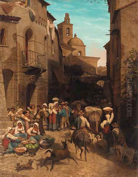 A busy continental market Oil Painting by Italian School