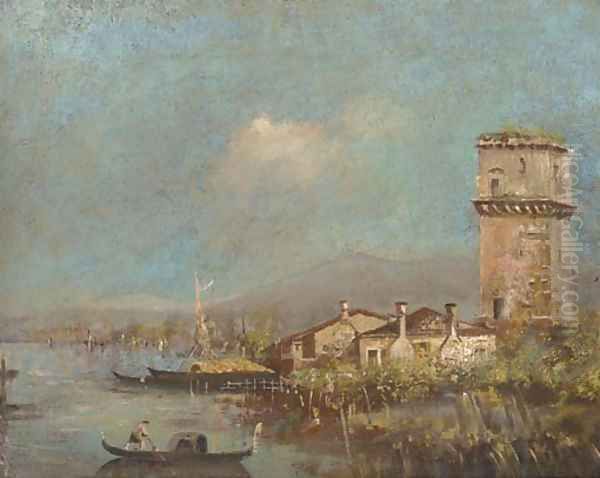 A Gondola on the Venetian lagoon by a settlement Oil Painting by Italian School