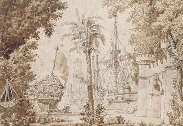 A warship in a Mediterranean port observed from its stern Oil Painting by Italian School