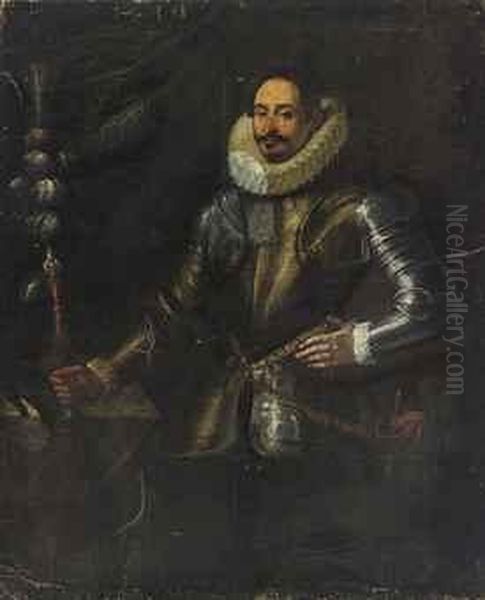 Portrait Of A Gentleman, 
Three-quarter-length, In Armour, A Batonin His Right Hand, Beside A 
Table With A Plumed Helmet Oil Painting by Justus Sustermans