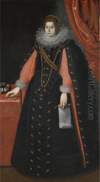 Portrait Of A Lady, Probably 
Maria Maddalena Of Austria, Standingfull Length, Wearing A Black Dress 
With An Ornate Lace Collar Andholding A Drawing Of Mary Magdalene Oil Painting by Justus Sustermans