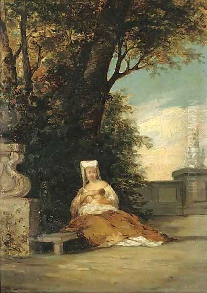 Mother and child on a verandah Oil Painting by Italian School