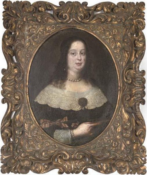 Portrait Of A Lady, 
Quarter-length, In A Black Dress With White Lace Trim, Holding A Book In
 Her Right Hand Oil Painting by Justus Sustermans