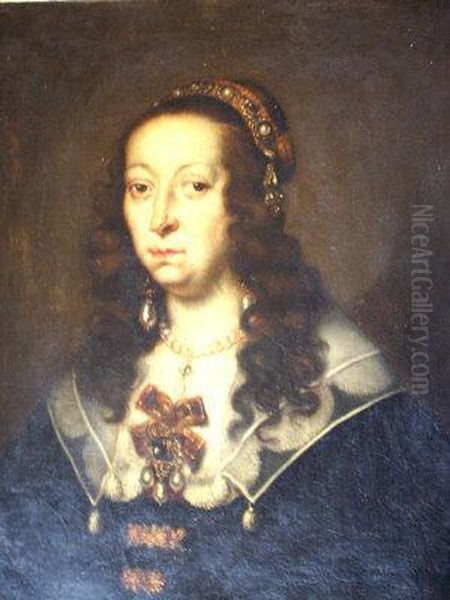 Portrait Of A Lady, 
Quarter-length In A Black Dress With A White Collar And Wearing A 
Jeweled Pendant Oil Painting by Justus Sustermans