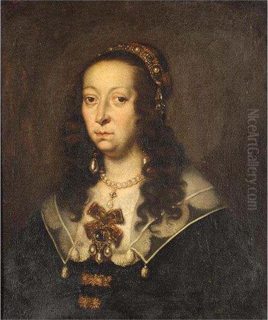 Portrait Of A Lady, Half Length,
 Wearing Black With A White Ruff, With An Elaborate Headress And Pearl 
Earings Oil Painting by Justus Sustermans